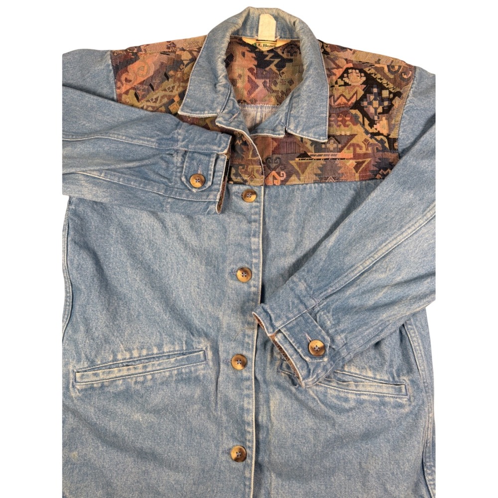 Vintage LL Bean Denim Southwestern Tapestry Yoke Jacket Light Wash Blue Large